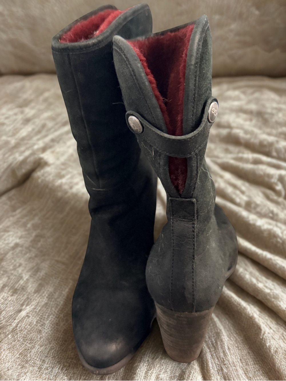 UGG Black Suede Heeled Boots with Red Shearling Lining